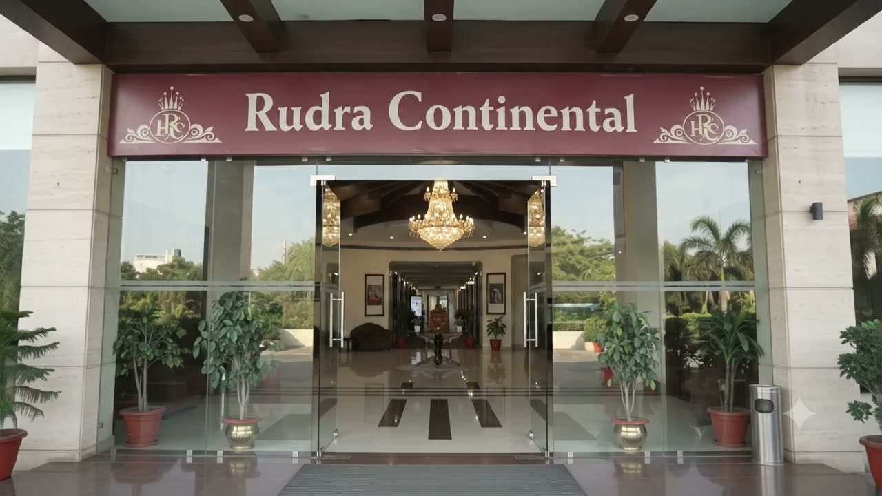 Exterior facade and illuminated Rudra Continental signage at arrival